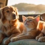 A golden retriever puppy and a ginger kitten sitting comfortably in a spacious, sunlit car backseat, looking out at a passing scenic coastal highway, during a road trip, hyperrealistic, soft natural lighting, no text