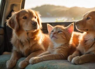 A golden retriever puppy and a ginger kitten sitting comfortably in a spacious, sunlit car backseat, looking out at a passing scenic coastal highway, during a road trip, hyperrealistic, soft natural lighting, no text
