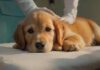 A close-up, hyperrealistic shot of a veterinarian's hands gently examining a golden retriever puppy on an examination table. Soft, warm lighting highlights the puppy's fur and the caring expression of the vet. Detailed medical instruments are blurred in the background, no text.