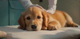 A close-up, hyperrealistic shot of a veterinarian's hands gently examining a golden retriever puppy on an examination table. Soft, warm lighting highlights the puppy's fur and the caring expression of the vet. Detailed medical instruments are blurred in the background, no text.