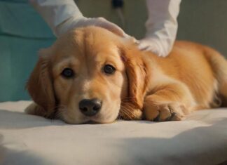 A close-up, hyperrealistic shot of a veterinarian's hands gently examining a golden retriever puppy on an examination table. Soft, warm lighting highlights the puppy's fur and the caring expression of the vet. Detailed medical instruments are blurred in the background, no text.