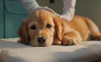 Tierarzt Kosten: Was Sie wissen sollten! A close-up, hyperrealistic shot of a veterinarian's hands gently examining a golden retriever puppy on an examination table. Soft, warm lighting highlights the puppy's fur and the caring expression of the vet. Detailed medical instruments are blurred in the background, no text.