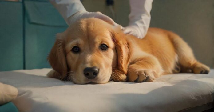 A close-up, hyperrealistic shot of a veterinarian's hands gently examining a golden retriever puppy on an examination table. Soft, warm lighting highlights the puppy's fur and the caring expression of the vet. Detailed medical instruments are blurred in the background, no text.