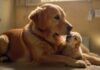 Tierarzt-Notfall? So finden Sie schnelle Hilfe! A hyperrealistic scene of a worried Golden Retriever owner comforting their dog, which has a bandaged paw. Soft, warm lighting enhances the emotional moment. Emergency vet clinic setting, blurred background, sterile environment, stainless steel table. No text.