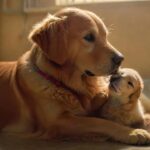 A hyperrealistic scene of a worried Golden Retriever owner comforting their dog, which has a bandaged paw. Soft, warm lighting enhances the emotional moment. Emergency vet clinic setting, blurred background, sterile environment, stainless steel table. No text.