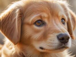 A hyperrealistic close-up of a golden retriever puppy looking directly at the camera with soft, natural lighting, emphasizing its expressive eyes and fur texture. Bokeh background. No text.