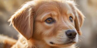 A hyperrealistic close-up of a golden retriever puppy looking directly at the camera with soft, natural lighting, emphasizing its expressive eyes and fur texture. Bokeh background. No text.
