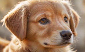 Tierfotografie: So gelingen tolle Bilder! A hyperrealistic close-up of a golden retriever puppy looking directly at the camera with soft, natural lighting, emphasizing its expressive eyes and fur texture. Bokeh background. No text.