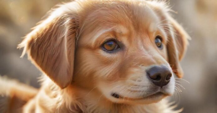 A hyperrealistic close-up of a golden retriever puppy looking directly at the camera with soft, natural lighting, emphasizing its expressive eyes and fur texture. Bokeh background. No text.