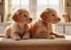 A golden retriever puppy and a ginger kitten nuzzle each other affectionately in a sun-drenched veterinary clinic, soft focus background, examination table, hyperrealistic, intricate details, warm lighting, no text