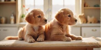 A golden retriever puppy and a ginger kitten nuzzle each other affectionately in a sun-drenched veterinary clinic, soft focus background, examination table, hyperrealistic, intricate details, warm lighting, no text