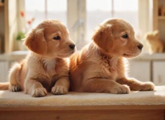 Tierkrankenversicherung: Schutz & Vorsorge A golden retriever puppy and a ginger kitten nuzzle each other affectionately in a sun-drenched veterinary clinic, soft focus background, examination table, hyperrealistic, intricate details, warm lighting, no text