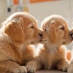 Tierkrankenversicherung: Schutz & Vorsorge A golden retriever puppy and a ginger kitten nuzzle each other affectionately in a sunlit veterinary clinic, soft focus on their faces, stainless steel exam table, blurred background with medical equipment, warm lighting, hyperrealistic, photorealistic, no text.