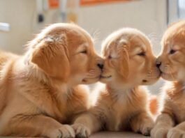 A golden retriever puppy and a ginger kitten nuzzle each other affectionately in a sunlit veterinary clinic, soft focus on their faces, stainless steel exam table, blurred background with medical equipment, warm lighting, hyperrealistic, photorealistic, no text.