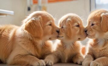 A golden retriever puppy and a ginger kitten nuzzle each other affectionately in a sunlit veterinary clinic, soft focus on their faces, stainless steel exam table, blurred background with medical equipment, warm lighting, hyperrealistic, photorealistic, no text.