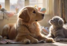 A golden retriever puppy and a grey kitten nuzzle each other affectionately in a sunlit, cozy living room, surrounded by soft blankets and toys. Hyperrealistic, warm lighting, shallow depth of field, no text.