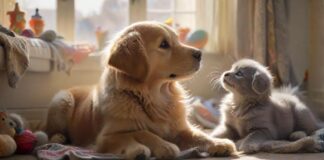 A golden retriever puppy and a grey kitten nuzzle each other affectionately in a sunlit, cozy living room, surrounded by soft blankets and toys. Hyperrealistic, warm lighting, shallow depth of field, no text.