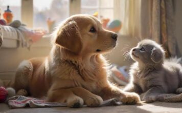 A golden retriever puppy and a grey kitten nuzzle each other affectionately in a sunlit, cozy living room, surrounded by soft blankets and toys. Hyperrealistic, warm lighting, shallow depth of field, no text.