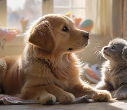 A golden retriever puppy and a grey kitten nuzzle each other affectionately in a sunlit, cozy living room, surrounded by soft blankets and toys. Hyperrealistic, warm lighting, shallow depth of field, no text.