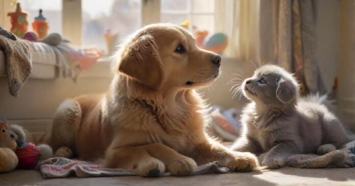 tierschutz-so-koennen-sie-helfen-20250222-085708.jpg A golden retriever puppy and a grey kitten nuzzle each other affectionately in a sunlit, cozy living room, surrounded by soft blankets and toys. Hyperrealistic, warm lighting, shallow depth of field, no text.