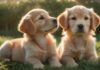 Welpe stubenrein? So klappt’s (garantiert)! A photorealistic,hyperrealistic image of a golden retriever puppy sitting outside on green grass, looking up expectantly. Soft, warm sunlight highlights the puppy's fur, with a blurred background of a home. No text