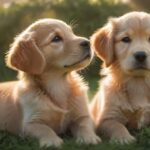 Welpe stubenrein? So klappt’s (garantiert)! A photorealistic,hyperrealistic image of a golden retriever puppy sitting outside on green grass, looking up expectantly. Soft, warm sunlight highlights the puppy's fur, with a blurred background of a home. No text