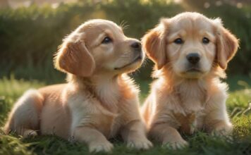 A photorealistic,hyperrealistic image of a golden retriever puppy sitting outside on green grass, looking up expectantly. Soft, warm sunlight highlights the puppy's fur, with a blurred background of a home. No text