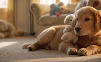A hyperrealistic close-up of an adorable Golden Retriever puppy sitting patiently in a sunlit living room, looking directly at the camera. Soft, natural lighting highlights its fluffy fur and expressive eyes, with chew toys scattered nearby, cozy home environment.