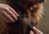 A close-up, hyperrealistic shot of a tick being carefully removed from a dog's fur using tweezers. Detailed dog fur, skin, and tick texture. Warm, natural lighting. No text.