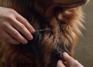 Zecken richtig entfernen: Schutz für Ihren Hund! A close-up, hyperrealistic shot of a tick being carefully removed from a dog's fur using tweezers. Detailed dog fur, skin, and tick texture. Warm, natural lighting. No text.