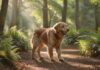 A golden retriever dog calmly walking on a forest path, off-leash, with sunlight filtering through the trees. Focus on realistic fur texture and peaceful expression, no signs of hunting behavior. Photorealistic, natural lighting.