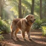 Anti-Jagd-Training: Für entspannte Spaziergänge A golden retriever dog calmly walking on a forest path, off-leash, with sunlight filtering through the trees. Focus on realistic fur texture and peaceful expression, no signs of hunting behavior. Photorealistic, natural lighting.