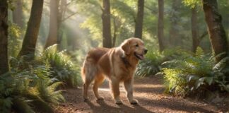 A golden retriever dog calmly walking on a forest path, off-leash, with sunlight filtering through the trees. Focus on realistic fur texture and peaceful expression, no signs of hunting behavior. Photorealistic, natural lighting.