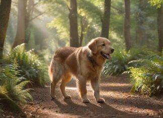 Anti-Jagd-Training: Für entspannte Spaziergänge A golden retriever dog calmly walking on a forest path, off-leash, with sunlight filtering through the trees. Focus on realistic fur texture and peaceful expression, no signs of hunting behavior. Photorealistic, natural lighting.