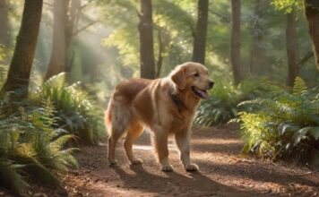 A golden retriever dog calmly walking on a forest path, off-leash, with sunlight filtering through the trees. Focus on realistic fur texture and peaceful expression, no signs of hunting behavior. Photorealistic, natural lighting.