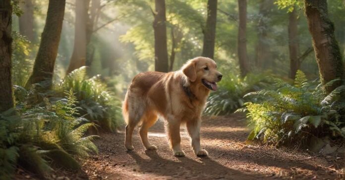 A golden retriever dog calmly walking on a forest path, off-leash, with sunlight filtering through the trees. Focus on realistic fur texture and peaceful expression, no signs of hunting behavior. Photorealistic, natural lighting.