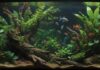 A hyperrealistic close-up of a thriving freshwater aquarium, teeming with colorful fish (guppies, neon tetras), lush green plants (Anubias, Java Fern), and natural-looking decorations (driftwood, smooth stones). Crystal-clear water, perfect lighting, no visible equipment, showcasing a balanced ecosystem. No text.