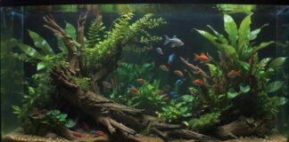 A hyperrealistic close-up of a thriving freshwater aquarium, teeming with colorful fish (guppies, neon tetras), lush green plants (Anubias, Java Fern), and natural-looking decorations (driftwood, smooth stones). Crystal-clear water, perfect lighting, no visible equipment, showcasing a balanced ecosystem. No text.