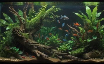 A hyperrealistic close-up of a thriving freshwater aquarium, teeming with colorful fish (guppies, neon tetras), lush green plants (Anubias, Java Fern), and natural-looking decorations (driftwood, smooth stones). Crystal-clear water, perfect lighting, no visible equipment, showcasing a balanced ecosystem. No text.