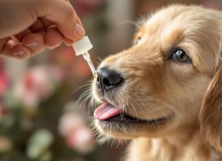 Hyperrealistic close-up photograph, no text. Gentle golden retriever puppy receiving clear Bach flower drops on its tongue. Soft natural window light, detailed fur, kind eyes. Shallow depth of field, focus on puppy and drops. Subtle floral background, calming atmosphere. No letters or text.