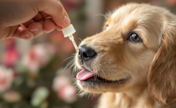 Bachblüten für Tiere: Sanfte Hilfe bei Angst, Stress & Co.! Hyperrealistic close-up photograph, no text. Gentle golden retriever puppy receiving clear Bach flower drops on its tongue. Soft natural window light, detailed fur, kind eyes. Shallow depth of field, focus on puppy and drops. Subtle floral background, calming atmosphere. No letters or text.