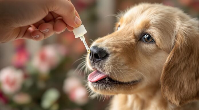 Hyperrealistic close-up photograph, no text. Gentle golden retriever puppy receiving clear Bach flower drops on its tongue. Soft natural window light, detailed fur, kind eyes. Shallow depth of field, focus on puppy and drops. Subtle floral background, calming atmosphere. No letters or text.
