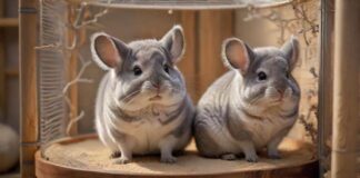 A hyperrealistic photograph of a fluffy Chinchilla with soft, dense fur, sitting inside a spacious, multi-tiered cage. The cage includes wooden platforms, branches, and a ceramic sand bath. Warm, natural lighting, no text.