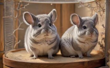 Chinchilla Haltung: So geht’s artgerecht! A hyperrealistic photograph of a fluffy Chinchilla with soft, dense fur, sitting inside a spacious, multi-tiered cage. The cage includes wooden platforms, branches, and a ceramic sand bath. Warm, natural lighting, no text.