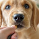 Clickertraining für Hunde: Positive Verstärkung für ein harmonisches Miteinander! Hyperrealistic close-up of a Golden Retriever puppy's face during indoor clicker training. Soft window light, shallow depth of field. Puppy attentively looking, anticipating treat. Owner's hand with clicker subtly blurred in foreground. Focus on detailed fur, expressive eyes. No text, artefact-free.