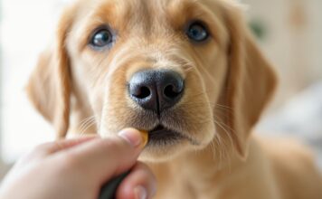 Clickertraining für Hunde: Positive Verstärkung für ein harmonisches Miteinander! Hyperrealistic close-up of a Golden Retriever puppy's face during indoor clicker training. Soft window light, shallow depth of field. Puppy attentively looking, anticipating treat. Owner's hand with clicker subtly blurred in foreground. Focus on detailed fur, expressive eyes. No text, artefact-free.