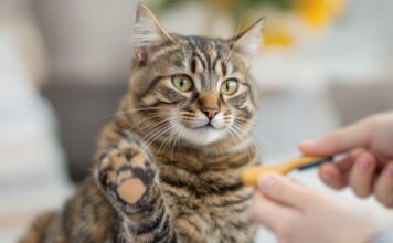 Hyperrealistic close-up photo, focused tabby cat giving paw during clicker training. Human hand holds clicker, treat visible. Soft indoor light, detailed fur, shallow depth of field, cozy home. No text in image.