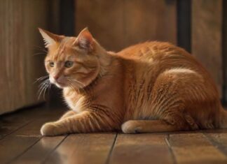 Clickertraining Katze: Spaß & Erziehung A ginger cat sitting on a wooden floor looking attentively at a clicker held by a person's outstretched hand. Soft, warm lighting highlights the cat's fur and creates a cozy atmosphere. Shallow depth of field, bokeh.