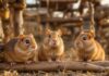 Hyperrealistic photograph of three curious degus exploring a large, multi-tiered cage with natural wood branches, ropes, and hay bedding. Detailed fur texture, whiskers, expressive eyes. Golden hour lighting, soft shadows, shallow depth of field, focus on the degus in a dynamic composition within their habitat. No text.