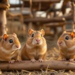 Hyperrealistic photograph of three curious degus exploring a large, multi-tiered cage with natural wood branches, ropes, and hay bedding. Detailed fur texture, whiskers, expressive eyes. Golden hour lighting, soft shadows, shallow depth of field, focus on the degus in a dynamic composition within their habitat. No text.
